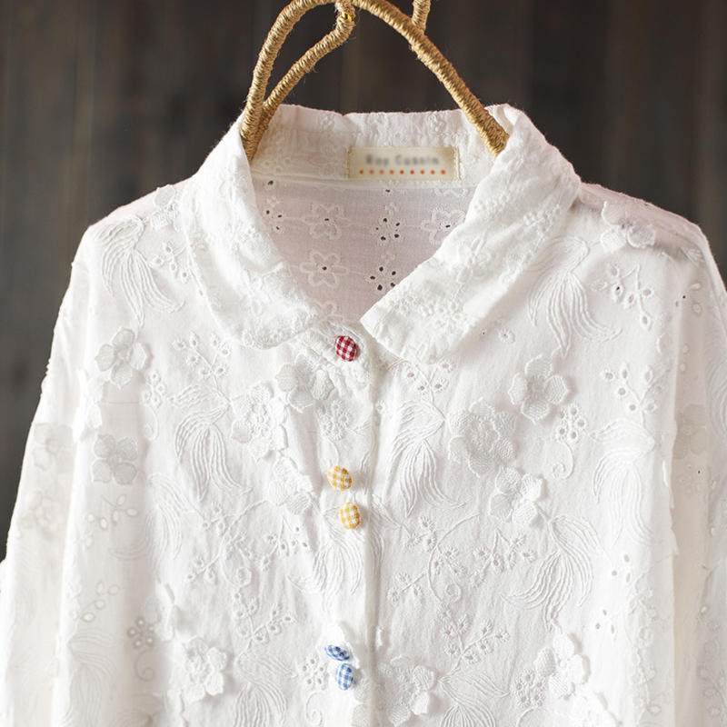 Primavera outono botões colori - Embroidery Cotton Shirt avaliação e preço